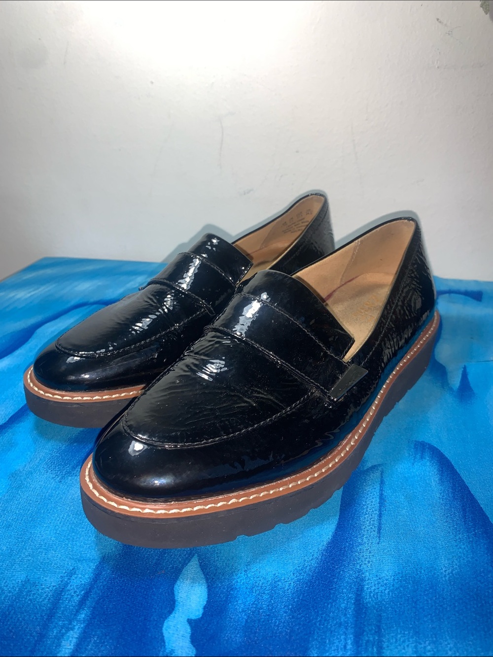 Naturalizer Adilene Black Patent Leather Penny Loafers with Brown Trim